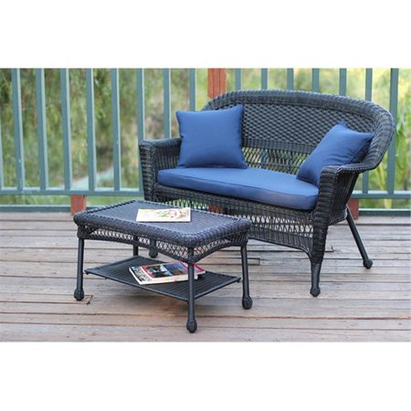 PROPATION Black Wicker Patio Love Seat And Coffee Table Set With Blue Cushion PR330406